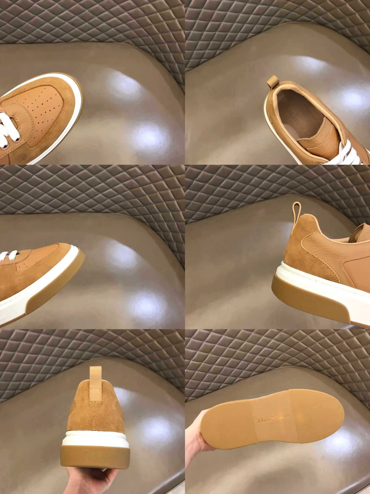 p420 "Salvatore Ferraga**" men's low-cut fashion sneakers. This casual shoe has a novel structure and is made of soft calfskin. The contrasting color elements on the upper highlight the bold and avant-garde atmosphere. The first-layer cowhide lining is high-end and comfortable. Energetic and fresh, these shoes can be worn with casual looks or add a touch of street style to elegant trousers.  Size: 38-44